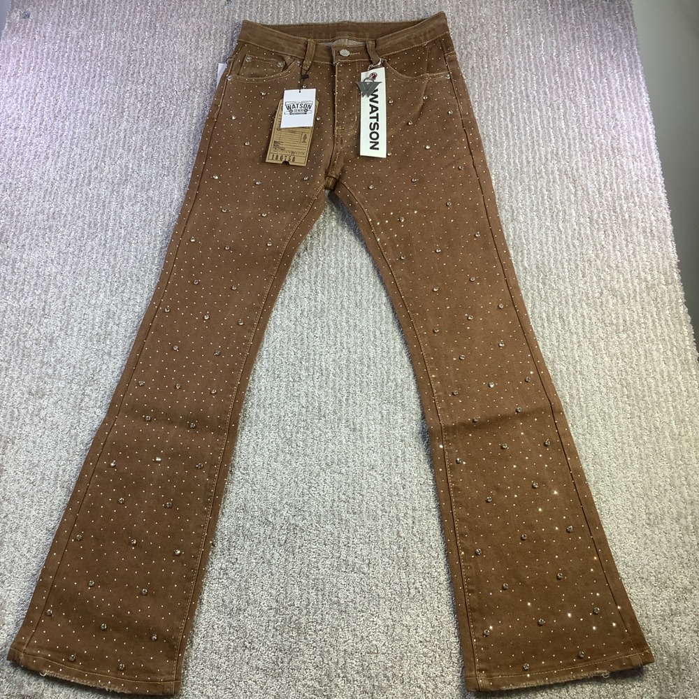 Watson Denim Womens Brown‎ Rhinestone Flare Jeans Size 28 NWT